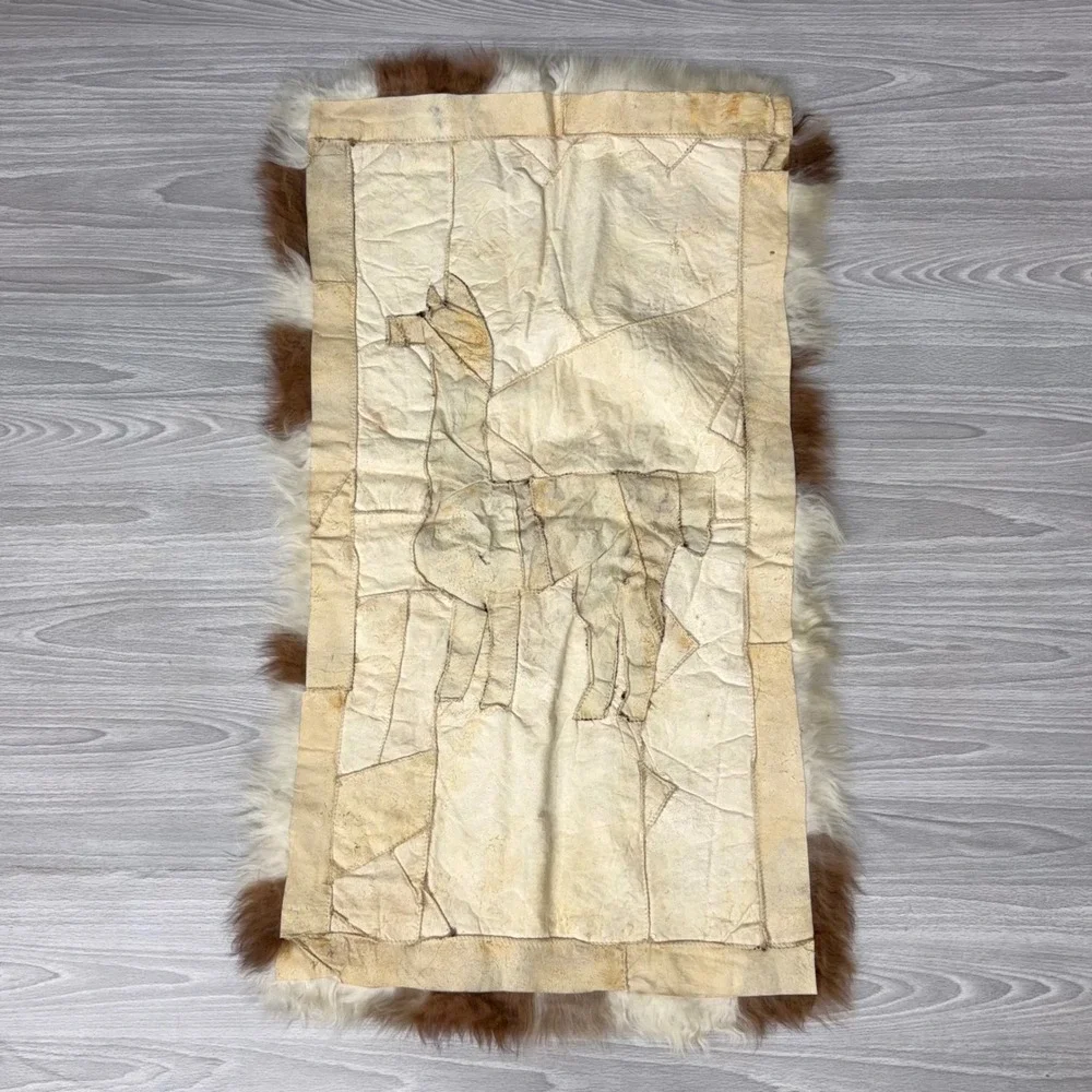 Vtg Alpaca Hide Wall Hanging Rug Peruvian Llama Folk Art Patchwork Decor 18x30in